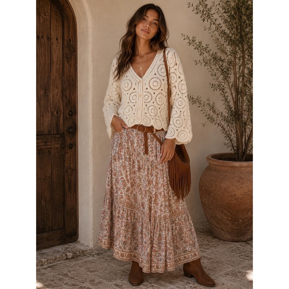 POL Clothing Cream Crochet Medallion Button Front‎ Cardigan Sweater One Size